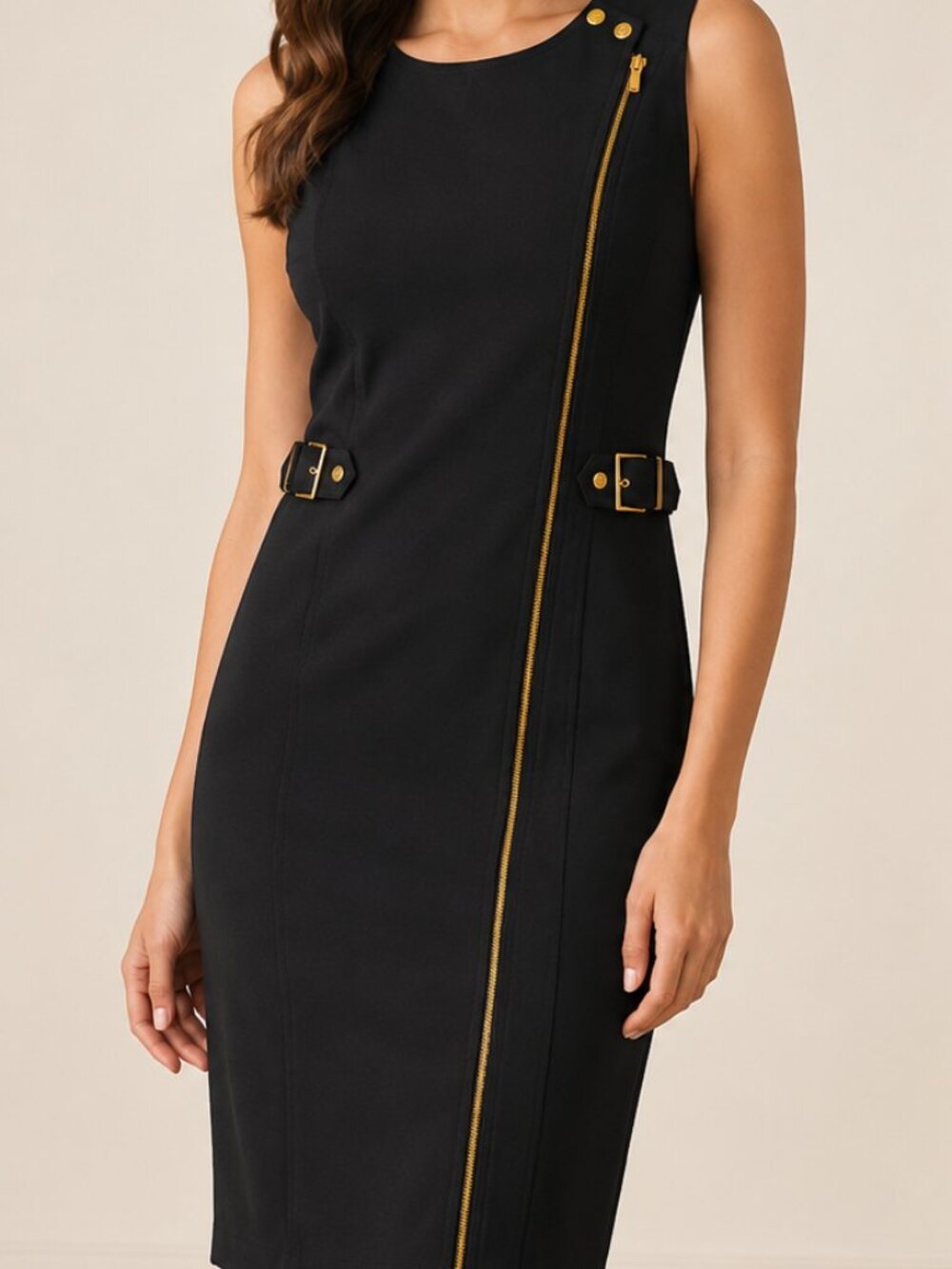 Vintage Calvin Klein Black Sleeveless Dress with Gold Accents – Size 6